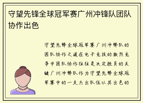 守望先锋全球冠军赛广州冲锋队团队协作出色