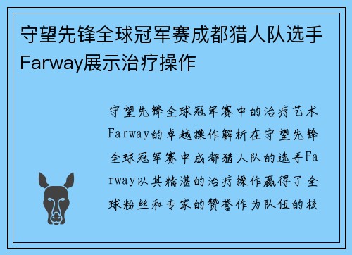 守望先锋全球冠军赛成都猎人队选手Farway展示治疗操作